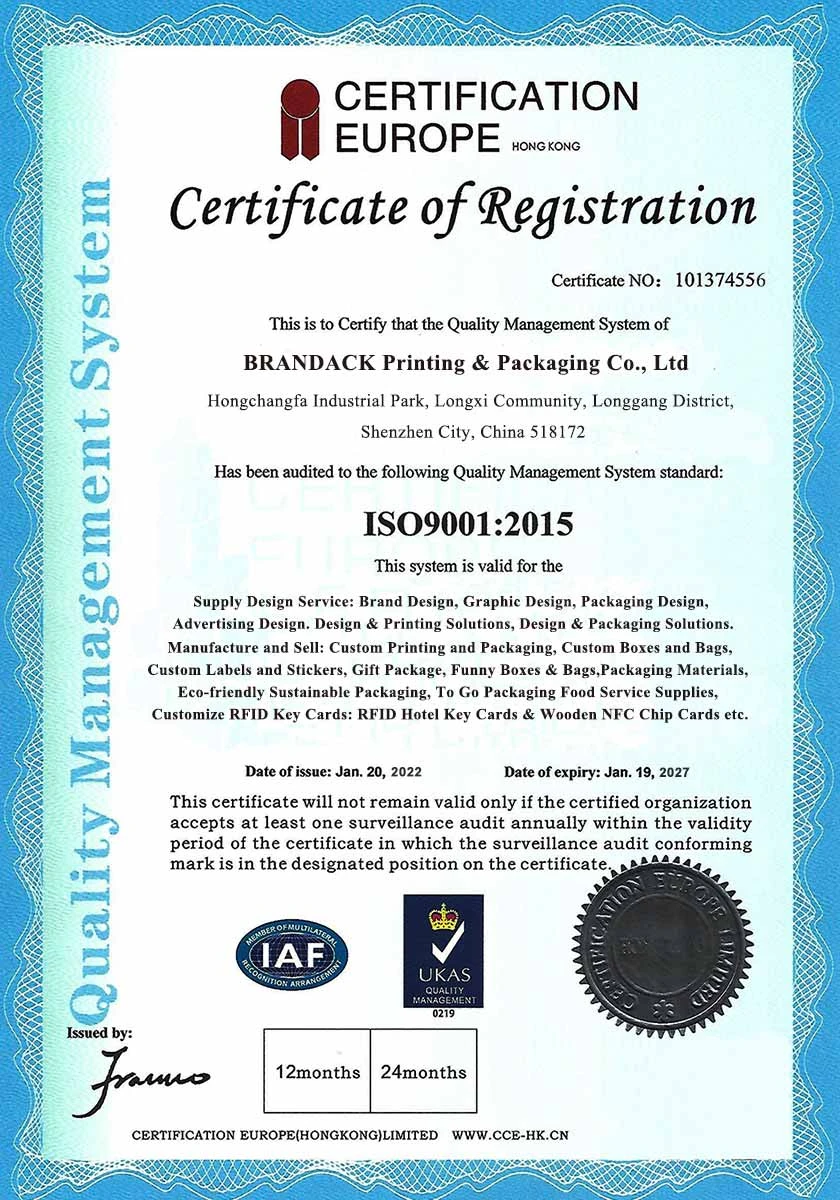 Certificado de registro do sistema de gerenciamento de qualidade ISO 9001:2015