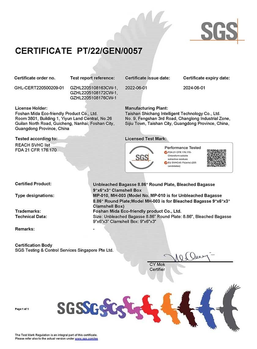 Certificado FDA de recipientes para alimentos